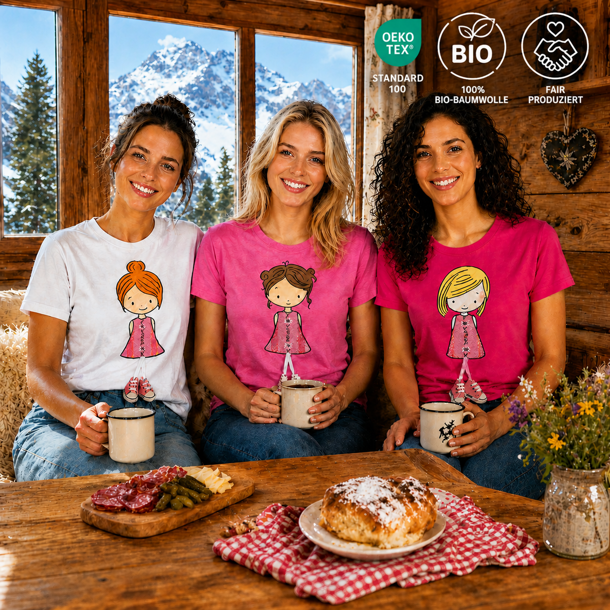 Drei Frauen tragen Alpenkind T-Shirts mit beweglichen 3D-Sneakern in gemütlicher Berghütte vor Schweizer Alpenpanorama.