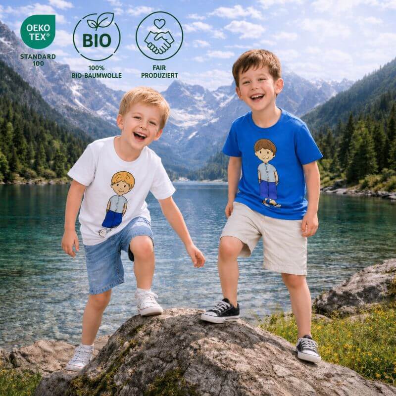 Zwei fröhliche Jungen stehen auf einem Felsen vor einem klaren Bergsee in den Schweizer Alpen und tragen nachhaltige Kinder T-Shirts mit liebevollen Figurenmotiven