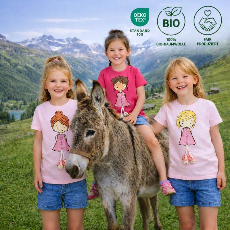 Drei Mädchen mit rosa Alpenkind T-Shirts und beweglichen 3D-Mini-Sneakern sitzen und stehen mit einem Esel in den Schweizer Alpen.